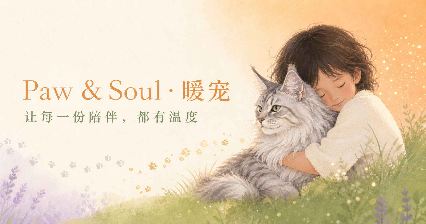 孩子温柔地拥抱一只银色缅因猫